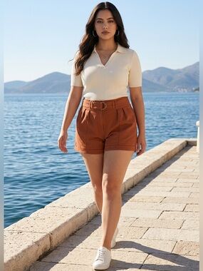 Ryegrass Burnt Orange High-Waisted Pleated Shorts with Belt, Size 18W